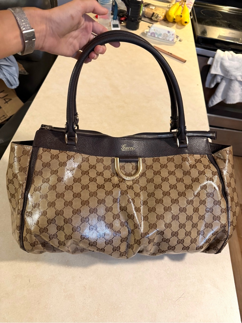 AUTHENTIC Gucci GG Crystal Abbey Coated Canvas D-Ring Tote # 341491- 204991